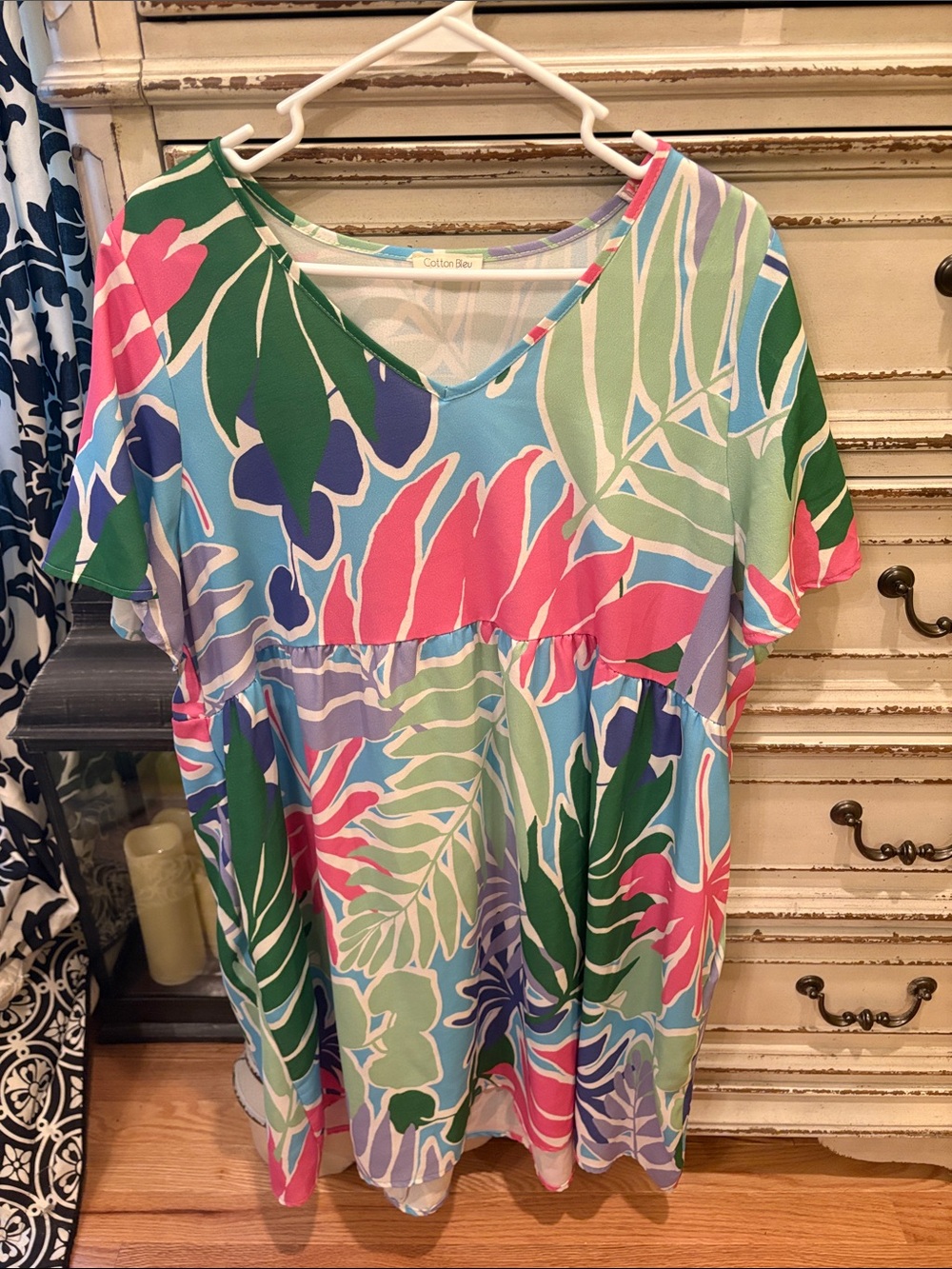 Pink & Blue Tropical V-Neck Dress
